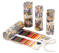DIYOMR Astuccio arrotolabile per matite colorate, 24/36/72 scomparti, per pennelli corti, disegni, colorazione e schizzi, Gatto coccoloso, 12slots, Avvolgere la matita colorata