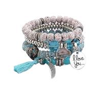 Diyouke Set di 4 bracciali bohémien con perline da donna - Lettera Ti amo, Ala rotonda, Ciondolo con nappa, Braccialetti a catena elastica