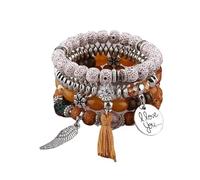 Diyouke Set di 4 bracciali bohémien con perline da donna - Lettera Ti amo, Ala rotonda, Ciondolo con nappa, Braccialetti a catena elastica