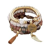 Diyouke Set di 4 bracciali bohémien con perline da donna - Lettera Ti amo, Ala rotonda, Ciondolo con nappa, Braccialetti a catena elastica