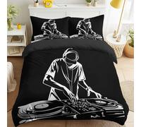 DJ Decks - Set di biancheria da letto in morbida microfibra, 3 pezzi, con copripiumino e 2 federe, colore nero, per camera dei ragazzi, motivo festa di musica, 180 x 220 cm, con cerniera