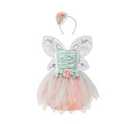 DJDLPARTY Costume da principessa delle fate, vestito da bambina con fiori verdi con fascia e ali (7-8 anni)