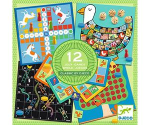 DJECO Set di 12 giochi da tavolo per bambini dai 4 anni, giochi classici adatti e semplificati per bambini, intrattenimento familiare educativo, inclusi scatole, istruzioni e parti