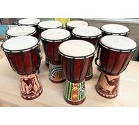Djembe per scuole e gruppi di giovani. Set di 10 tamburi djembe di fascia media alta 30 cm, paga per 9 prendi uno gratis! Disegni misti Great Sound Fair Trade