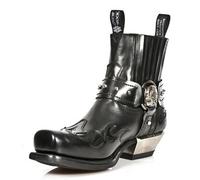 DJFOG Stivaletti Western da Uomo con Cinturino con Fibbia, Corti da Cowboy con Punta Quadrata in Pelle Retrò, da Motociclista, Nero, 44 EU