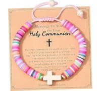 DJMYJT Regali Prima Comunione Bracciale, Regali Comunione Bambina, Regalo Prima Comunione Bambina, Braccialetto Regolabile di Pietre Naturali e Croce per Regalo (B)