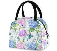 DJNGN Bellissimi fiori di ortensia blu colibrì farfalla borsa pranzo riutilizzabile con tasca frontale borsa termica termica termica per il ritorno a scuola lavoro picnic viaggio pesca spiaggia