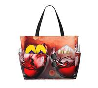 DJNGN Borsa da spiaggia capiente con stampa Cin cin e bicchiere di vino rosso, impermeabile, resistente alla sabbia e leggera.