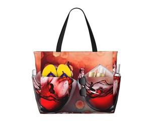 DJNGN Borsa da spiaggia capiente con stampa Cin cin e bicchiere di vino rosso, impermeabile, resistente alla sabbia e leggera.