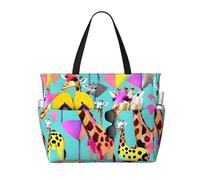 DJNGN Borsa da spiaggia spaziosa e versatile con stampa di giraffe colorate, adatta a tutti i gusti e agli amanti della sabbia, colore nero.