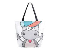 DJNGN Borsa tote in tela Ippopotamo divertente con borsa per il trasporto con cappuccio fresco Borsa a tracolla casual per lo shopping Borsa da viaggio Borse per la spesa riutilizzabili
