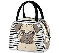 DJNGN Cute Pug Dogs Stripes Lunch Tote Bag con tasca frontale Riutilizzabile Isolante Chiusura termica con cerniera Borsa termica per lavoro scolastico Picnic Viaggi Pesca Spiaggia