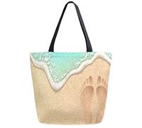 DJNGN Impronta sulla spiaggia Borsa della spesa riutilizzabile per la spesa Borsa in tela Borsa a tracolla grande pieghevole lavabile per donna