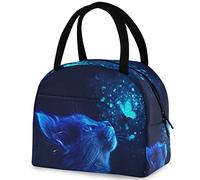 DJNGN Magic Cat Blue Butterfly Borsa riutilizzabile per il pranzo con tasca frontale Borsa termica termica isolata per il rientro a scuola Lavoro Picnic Viaggi Pesca Spiaggia