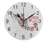 DJNGN Orologio da Parete Silenzioso Senza Ticchettio Messico Cultura Elementi Mappa Decorativo alla Moda Orologio Rotondo a Batteria per Camera da Letto Ufficio Scuola Casa Soggiorno,9.8 Pollici