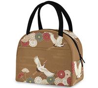 DJNGN Retro Crane Flowers Borsa riutilizzabile per il pranzo con tasca frontale Borsa termica termica isolata per il rientro a scuola Lavoro Picnic Viaggi Pesca Spiaggia