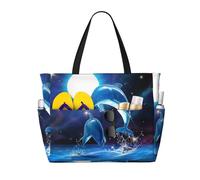 DJNGN Splendida borsa da spiaggia grande con delfini sullo sfondo di un cielo universo, con cerniera e tasca impermeabile, leggera e pieghevole, ideale per viaggi, spesa, nuoto e sport.