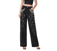 DJNVPZNT Jeans Baggy Y2K con Perle per Donna, Pantaloni da Festival e Concerto a Vita Alta e Scintillanti,Nero,XL