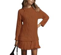 DJNVPZNT Vestito Maglione Donna Autunno Due Pezzi, Maglia a Treccia, Patchwork, Mini Abito Plissettato, Girocollo, Maniche Lunghe, Pullover Casual,Marrone,XXL