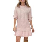 DJNVPZNT Vestito Maglione Donna Autunno Due Pezzi, Maglia a Treccia, Patchwork, Mini Abito Plissettato, Girocollo, Maniche Lunghe, Pullover Casual,Rosa,L