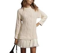 DJNVPZNT Vestito Maglione Donna Autunno Due Pezzi, Maglia a Treccia, Patchwork, Mini Abito Plissettato, Girocollo, Maniche Lunghe, Pullover Casual,Bianca,XS