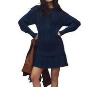 DJNVPZNT Vestito Maglione Donna Autunno Due Pezzi, Maglia a Treccia, Patchwork, Mini Abito Plissettato, Girocollo, Maniche Lunghe, Pullover Casual,Cyan,XXL
