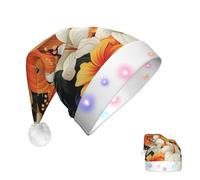 DJUETRUI Cappello di Babbo Natale che illumina il cappello di Natale Fiori e motivi tribali hawaiani su sfondo nero Cappelli di Natale per adulti Morbido Peluche Cappello di Babbo Natale con luci LED