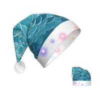 DJUETRUI Cappello di Babbo Natale che si illumina cappello di Natale blu onde squama sirena scale cappelli di Natale per adulti morbido peluche cappello di Babbo Natale con luci LED cappello di Natale