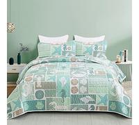 DJY Set copripiumino verde a tema spiaggia costiera in morbida microfibra, reversibile, con 2 federe, 3 pezzi, per tutte le stagioni, 228,6 x 243,8 cm