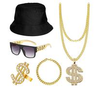 DKDDSSS 5 Pezzi Set Accessori Rapper, 80s 90s Rapper Costume Hip Hop, Collana Dollaro, Anelli Dollaro, Bracciali, Occhiali da Sole per Carnevale, Accessori in Maschera, Festa a Tema