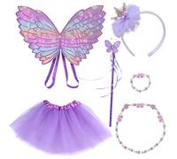 DKDKDDSSS Viola Costume Fatina, Ali di Fata, Bacchetta da Fata, Ragazza Paillettes Tiara Corona, Collana e Bracciale con Perline a Farfalla,Tutù, per Feste A Tema Carnevale O Fata Cosplay
