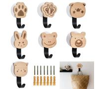 DKEROSS 7 Pezzi Ganci Appendiabiti Legno Carino Ganci per Legno con Stampa Animale Ganci in Legno per Attaccapanni con 7 Ganci in Acciaio Inox Ganci Adesivi per Legno per Vestiti, Cappelli, Chiavi