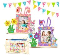 DKINY 4 cornici per foto in legno, per bambini, fai da te, Pasqua, in legno, per Pasqua, conigli, per fai da te e dipingere, conigli, set fai da te e foto, regalo per bambini