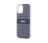 Custodia rigida DKNY per iPhone 15 con MagSafe, monocromatica e a righe, blu.