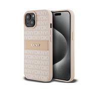 DKNY Ecopelle a righe con logo metallico COVER per Apple iPhone 15 Plus, Rosa