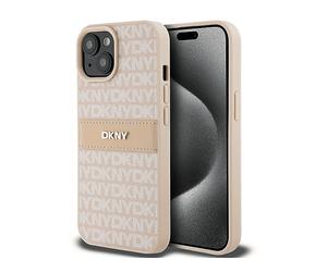 DKNY Ecopelle a righe con logo metallico COVER per Apple iPhone 15 Plus, Rosa