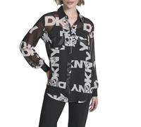 DKNY Long Sleeve Button Down Chiffon Logo Shirt Maglietta, Nero e Avorio, XL Donna