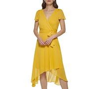 DKNY Short Sleeve Asymmetrical Hem Faux Wrap Dress Vestito, Dorato, 48 Donna