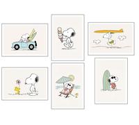 DKORARTE Set di 6 quadri base in legno, decorazione soggiorno moderni, camere da letto, camera dei bambini, disegni, peluche, Snoopy con ganci metallici, 29 x 20 cm per quadro