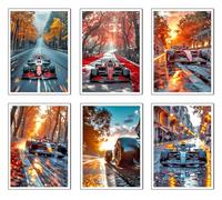 DKORARTE Set di 6 quadri base legno, decorazione soggiorno moderni, camere da letto, camera, auto Formula 1 con ganci metallici, (29 x 20 cm per quadro)