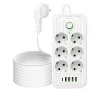 DKTYGER Ciabatta elettrica a 6 prese con 3 USB e 1 Type-C, presa con interruttore e cavo da 2 m, presa multipla (3840 W), protezione da sovratensione con spina per casa, ufficio, bianco