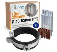 DL-PRO Fascetta stringitubo a vite Ø 48-53 mm (1½") EPDM isolamento acustico, set da 10 pezzi, con vite prigioniera M8 x 90 e tasselli, tubo in acciaio DN40 HT DN50
