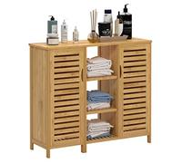 DlandHome 2 in 1 Armadietto portaoggetti in Bambù Mobiletto a doppia anta e Ripiani Aperti a 3 Livelli, Credenza, Mobile Ingresso, Cucina, Sala da Pranzo, Soggiorno, Camera da Letto