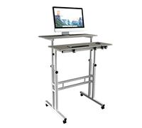 DlandHome Scrivania Sit-Stand Laptop,laptop stand standing desk Tavolino Caffe per Casa o Studio con 4 Ruote Mobile e Blocco, Scrivania Lavoro per Discorso, Altezza Regolabile 67-115cm, di Legno Acero