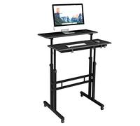 DlandHome Scrivania Sit-Stand Laptop, Laptop Stand Standing Desk Tavolino Caffe per Casa o Studio con 4 Ruote Mobile e Blocco, Scrivania Lavoro per Discorso, Altezza Regolabile 67-115cm,Nero