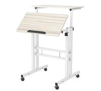 DlandHome Scrivania Sit-Stand Laptop, Tavolino Caffe per Casa o Studio con 4 Ruote Mobile e Blocco, Scrivania Lavoro per Discorso, Altezza Regolabile 70-115cm, di Legno Acero