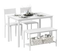 DlandHome Set di 4 tavoli da pranzo con 2 sedie e 1 panchina, in legno e struttura in acciaio, colore: bianco