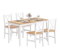 DlandHome Set di 5 pezzi tavolo da pranzo con 4 sedie, set di mobili da cucina in legno di pino teak/bianco