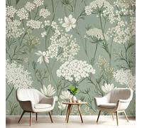 DLERFLOVR Carta da parati Fiore Di Carota E Achillea, 450x315cm Fotomurali in Seta Fiori Di Campo Bianchi Decorazione da Muro XXL Poster Gigante Design per Ufficio TV Sfondo, Grigio Verde