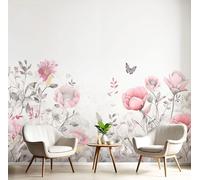 DLERFLOVR Carta Da Parati Fiori Di Campo E Farfalle Fotomurali Giardino Elegante Decorazione da Muro XXL Poster Gigante Design per Camera letto, Soggiorno, 150x105cm, Grigio Chiaro